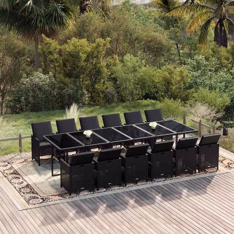 vidaXL Set da Pranzo per Giardino Moderno in Polyrattan Nero con Cuscini e Tavolo in Vetro, 13 pz