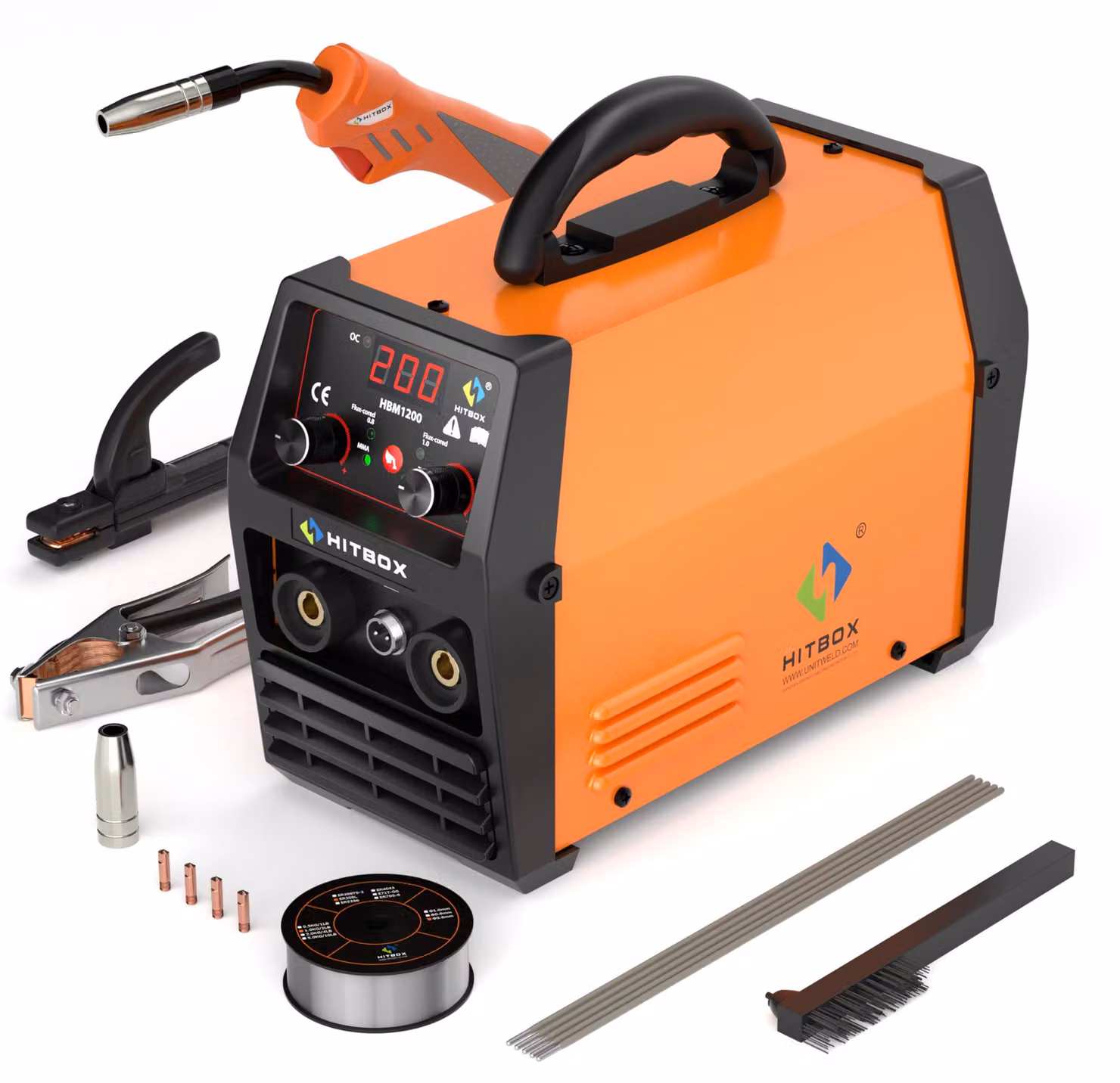 Saldatrice MIG senza gas, 200A, 3-in-1: MIG, ARC, LIFT TIG, 230 Volt, nera, per acciaio e ferro