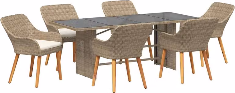 Set da Pranzo per Giardino con cuscino 7 pcs Beige polyrattan