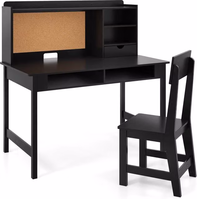 Set scrivania e sedia in legno per bambini con bacheca in sughero e cassetto, Set postazione computer con pensile e ripiani aperti per cameretta e scuola a casa Nero