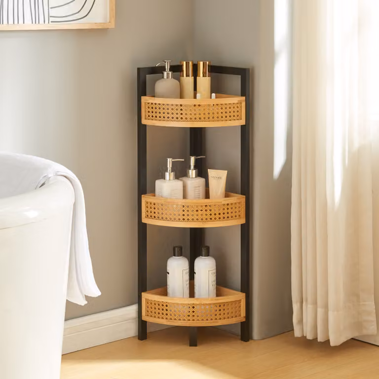 Scaffale angolare 'Tervola' con 3 ripiani in rattan 80 x 23 x 23 cm nero / bambù