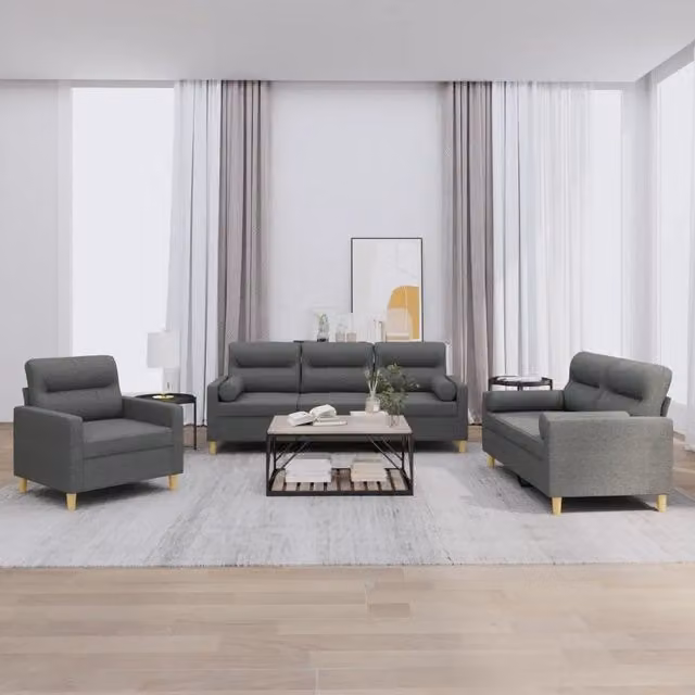 Set di Divani 3 Pezzi vidaXL in Tessuto Grigio con Cuscini per Soggiorno Moderno – 1