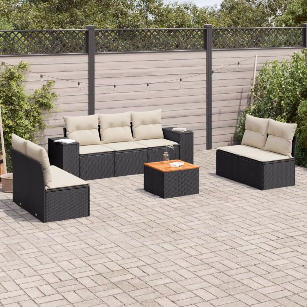 Set Divani da Giardino vidaXL in Polyrattan Nero con Cuscini e Tavolino da Esterno 8 pz – 1