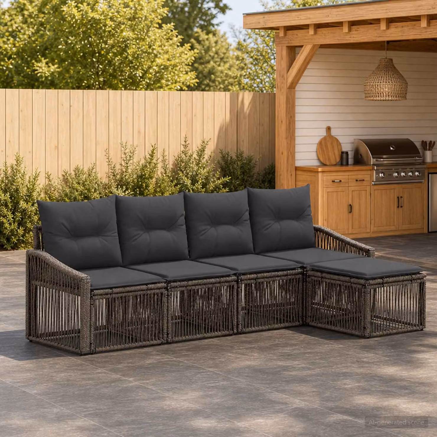 Set Divano da Giardino a L vidaXL in Polyrattan Grigio con 5 Pezzi e Cuscini Inclusi