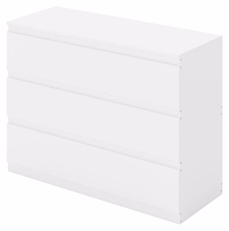Comodino bianco, 100 cm di larghezza, con 3 cassetti | Materiali: MDF e metallo | Dimensioni: 100x40x75 cm