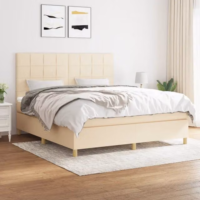 Letto Ibrido Moderno vidaXL con Giroletto a Molle e Materasso in Tessuto Beige e Bianco L: 180 cm, P: 200 cm, H: 128 cm