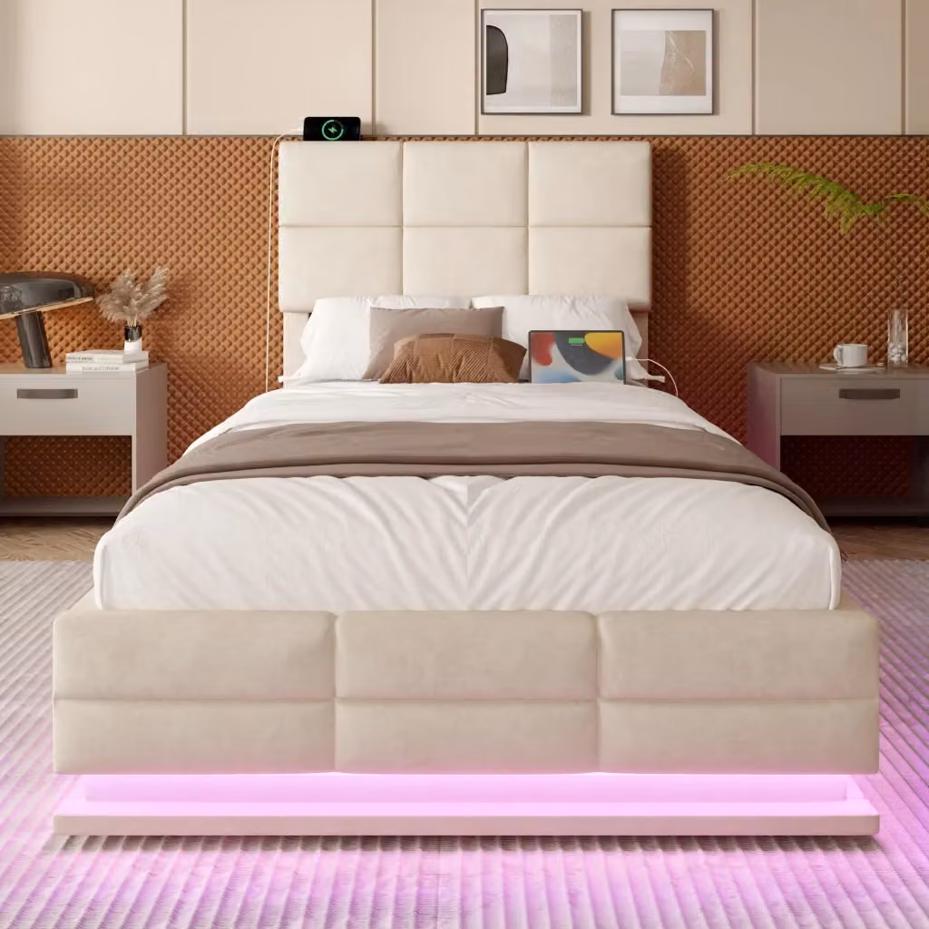 Letto contenitore singolo OKWISH in tessuto beige con illuminazione sottostante, porta USB e testiera imbottita, L/P/H: 90 x 200 x 115 cm – 2