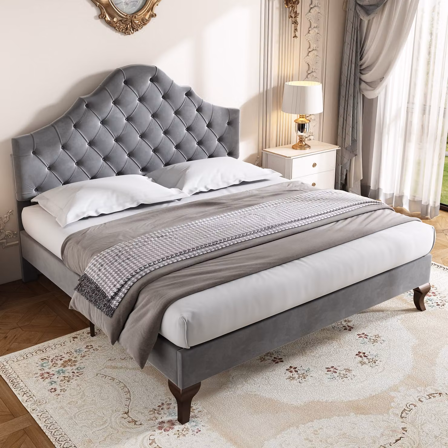 Letto imbottito Merax 90x200cm con testata a conchiglia, letto per ragazzi con rete a doghe, letto in legno massiccio letto per bambini letto singolo in velluto, grigio