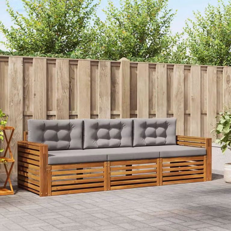 Set di divani da esterno vidaXL in legno di acacia con cuscini, Naturale e Grigio Chiaro