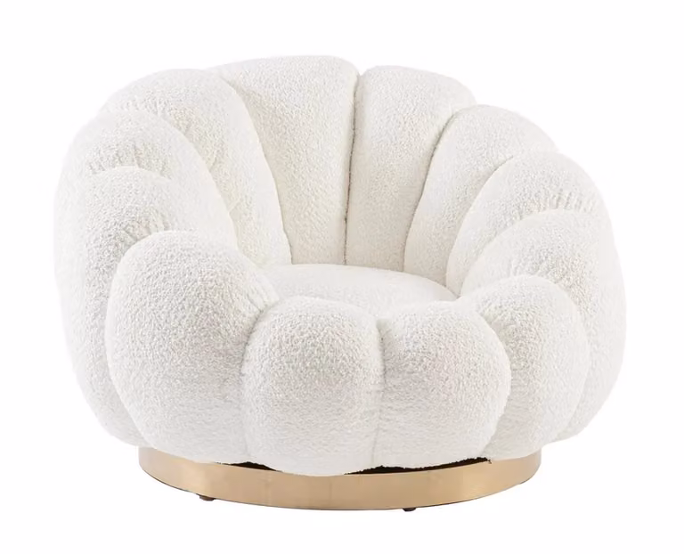Poltrona girevole FLOREL in tessuto effetto bouclé bianco