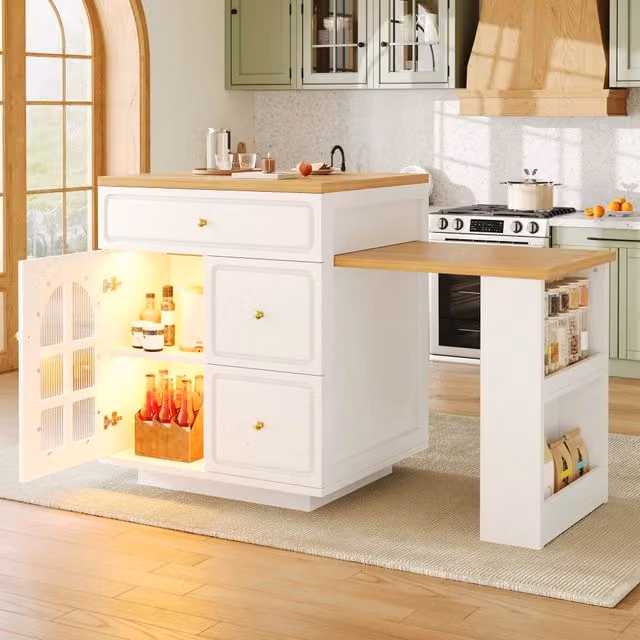 Isola da cucina estensibile REDOM bianca con ante in vetro e illuminazione integrata L/P/H: 122,5-195,5 x 59 x 93,5 cm