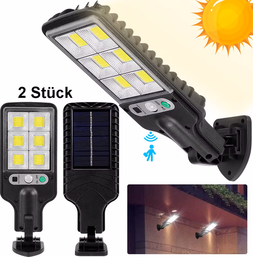 2 lampade solari a LED con sensore di movimento, luci stradali da esterno IP65, luci per giardino in bianco freddo, lampade solari per balcone, cortile, giardino, gazebo