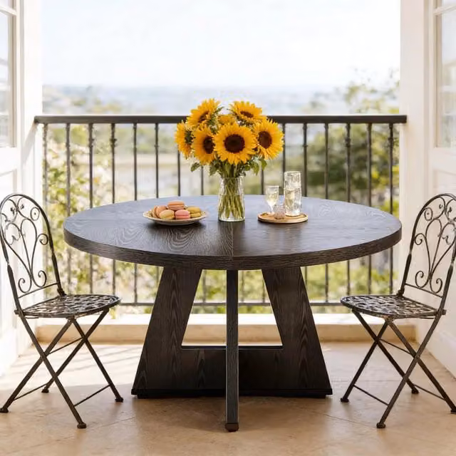 Tavolo da pranzo rotondo OKWISH in legno nero stile rustico per 4 persone, Diametro: 120 cm