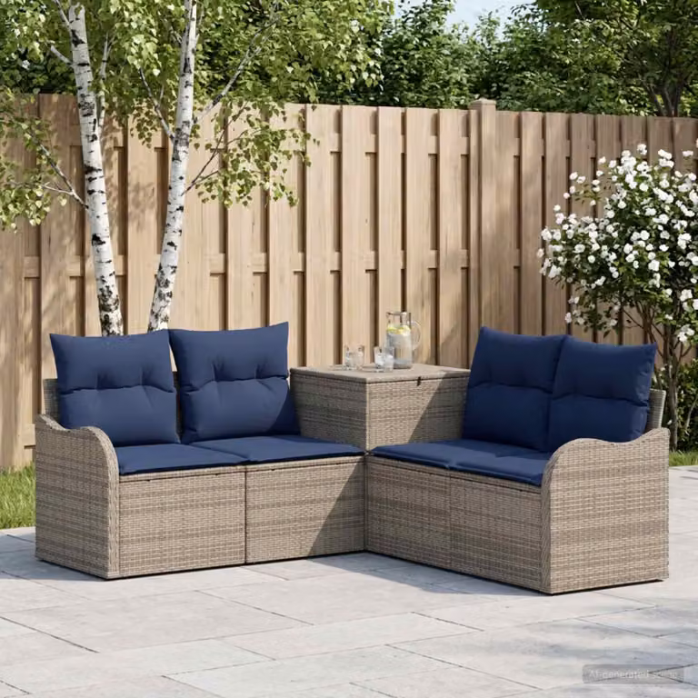 Set di divani da giardino vidaXL a forma di L con 5 pezzi in rattan sintetico e metallo, colori Grigio e Blu Navy, con cuscini inclusi e rivestimenti rimovibili