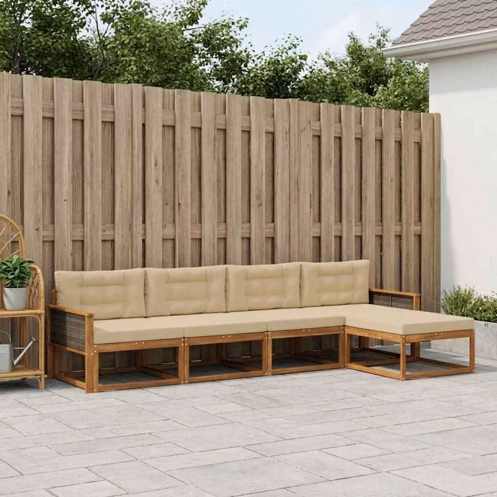 vidaXL Set di divani da esterno a L in legno di acacia con pouf e cuscini, Beige e Marrone