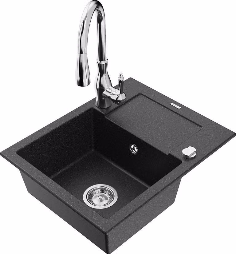 Mexen Enzo lavello in granito a 1 vasca con sgocciolatoio e miscelatore cucina Savita, nero/metallo argento - 6506-73-672601-00