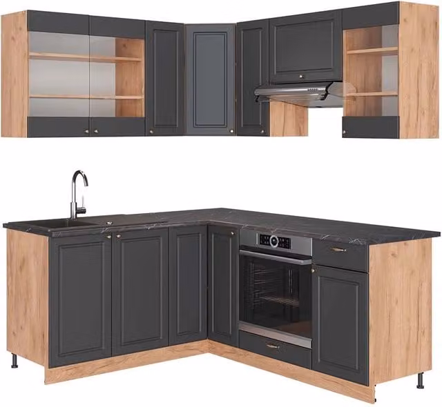 Cucina angolare completa Fame-Line Vicco in Rovere dorato e Antracite con finitura opaca e ante soft-close – 1