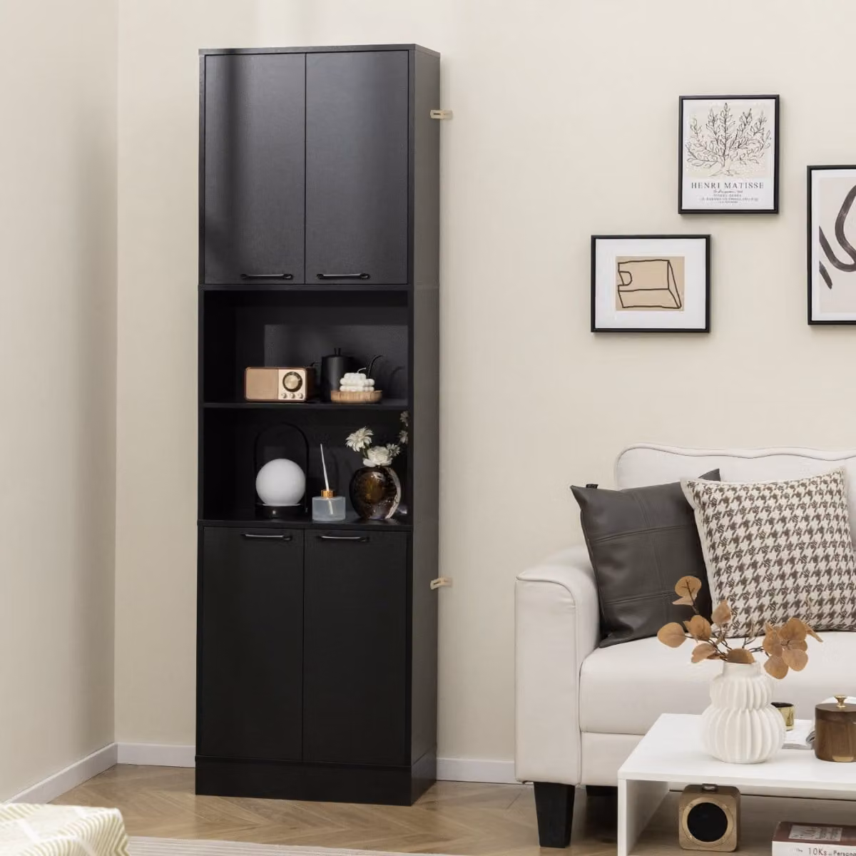 Armadio dispensa da cucina Costway nero con ante a cerniera e ripiani interni, Altezza: 190 cm