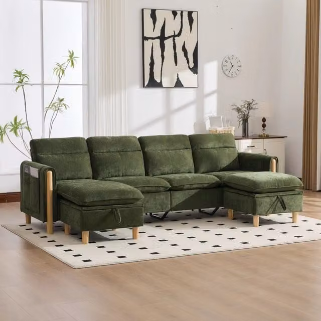 Divano modulare 4 posti 261x77x86 cm con 2 pouf contenitore in ciniglia verde