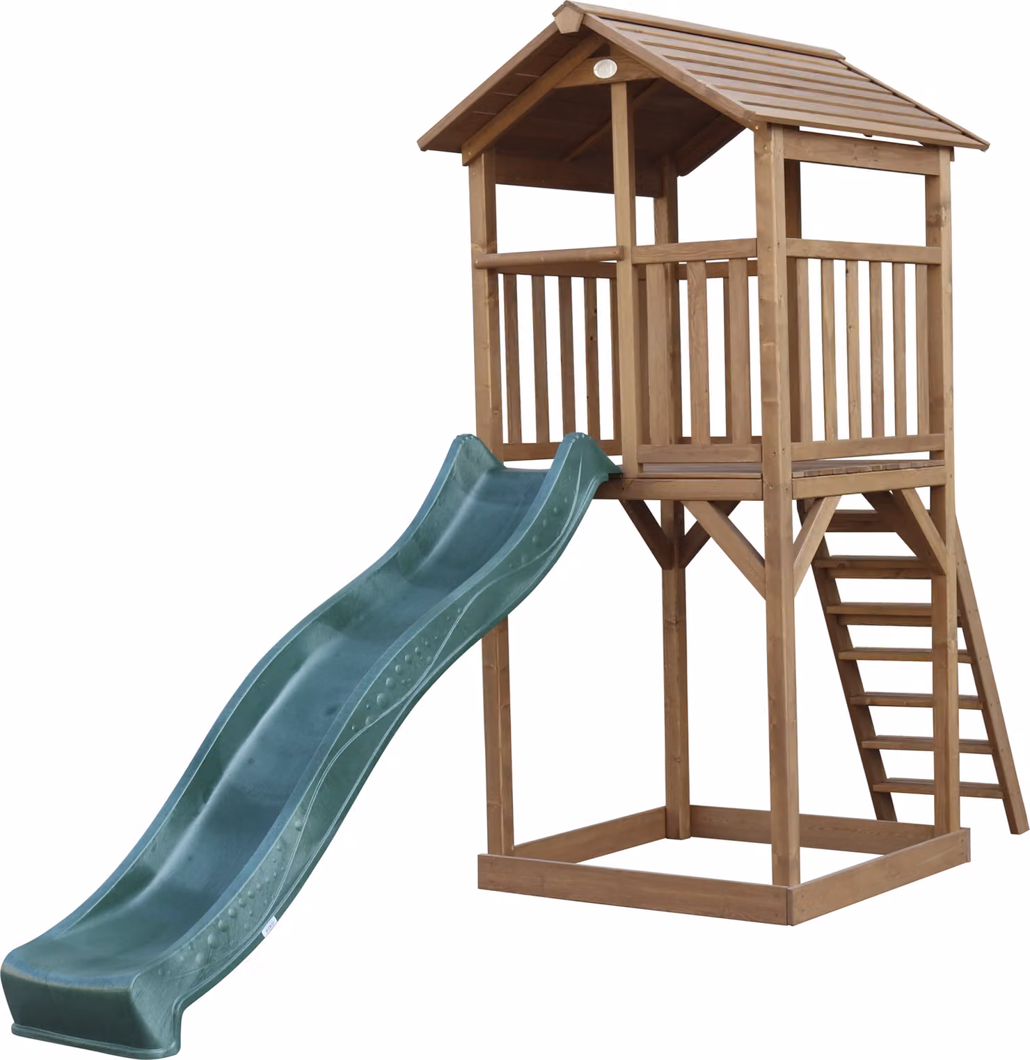AXI Beach Tower parco giochi in legno in marrone | Torre di gioco per bambini con sabbiera e scivolo verde | Casa per bambini su palafitte per il giardino