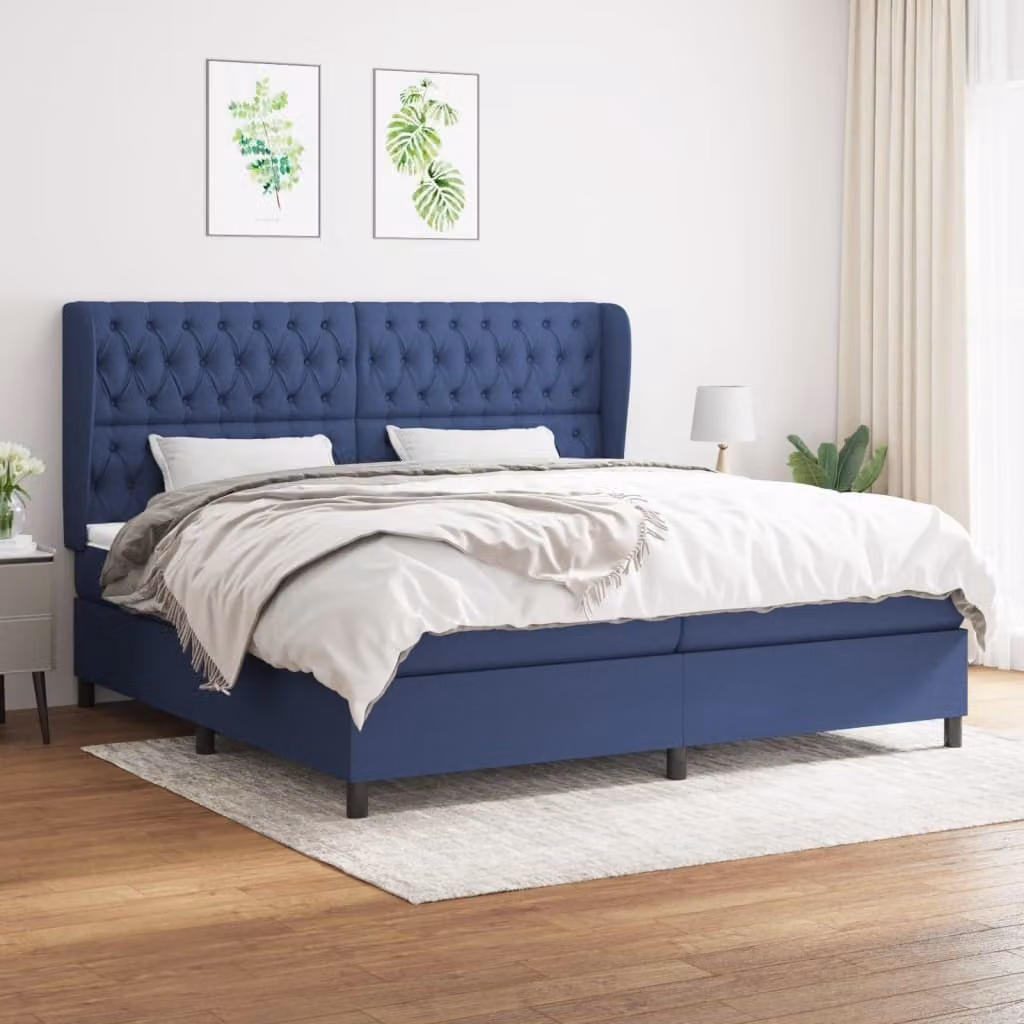 The Living Store Letto a molle con materasso blu 200x200 cm in tessuto