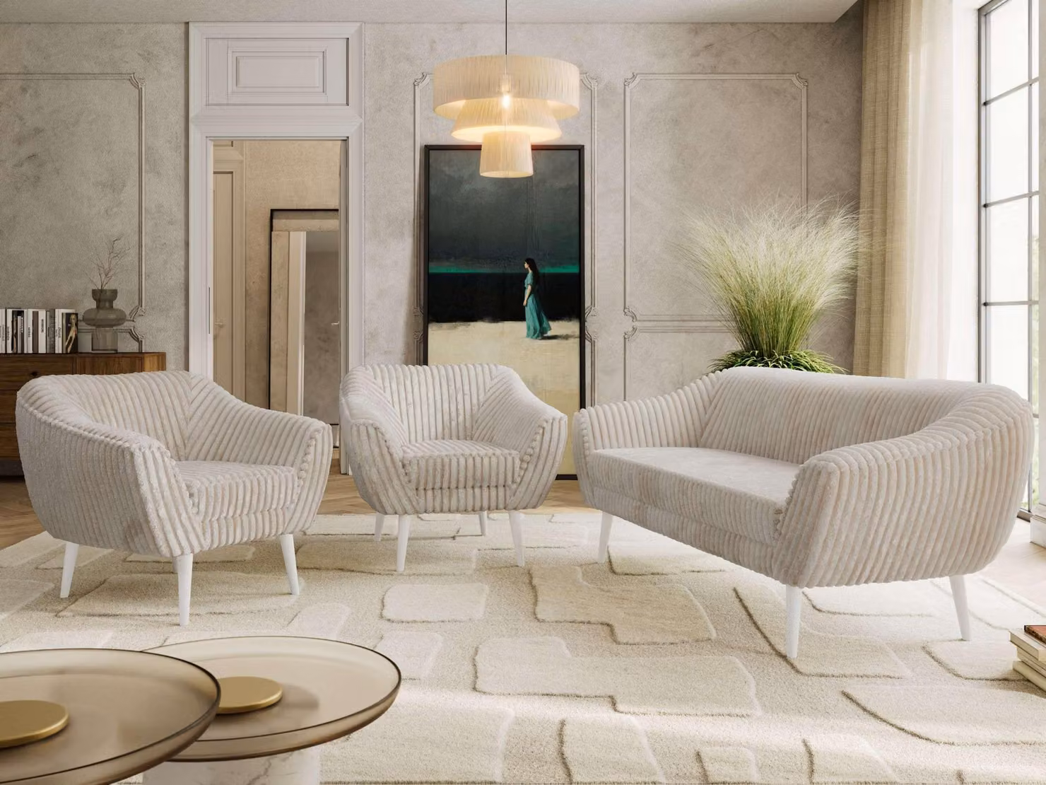 Divano componibile MKS MEBLE, set divani PIRS 1-1-3, divano scandinavo a 3 posti con poltrone, divano con sospensioni a molle, gambe bianche, design scandinavo - color beige
