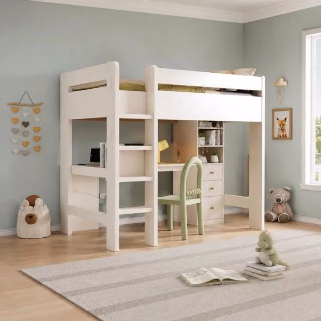 Letto a soppalco singolo 90x200 cm bianco con scrivania a L; mensole; cassetti e USB/Type-C