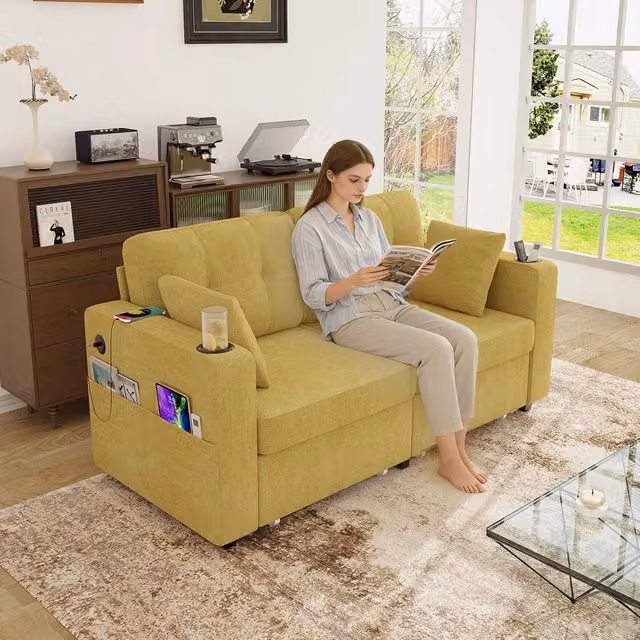 Divano 2 Posti con Cassetti Contenitore, Portabicchieri e USB ¨C MINIMAL ¨C Tessuto