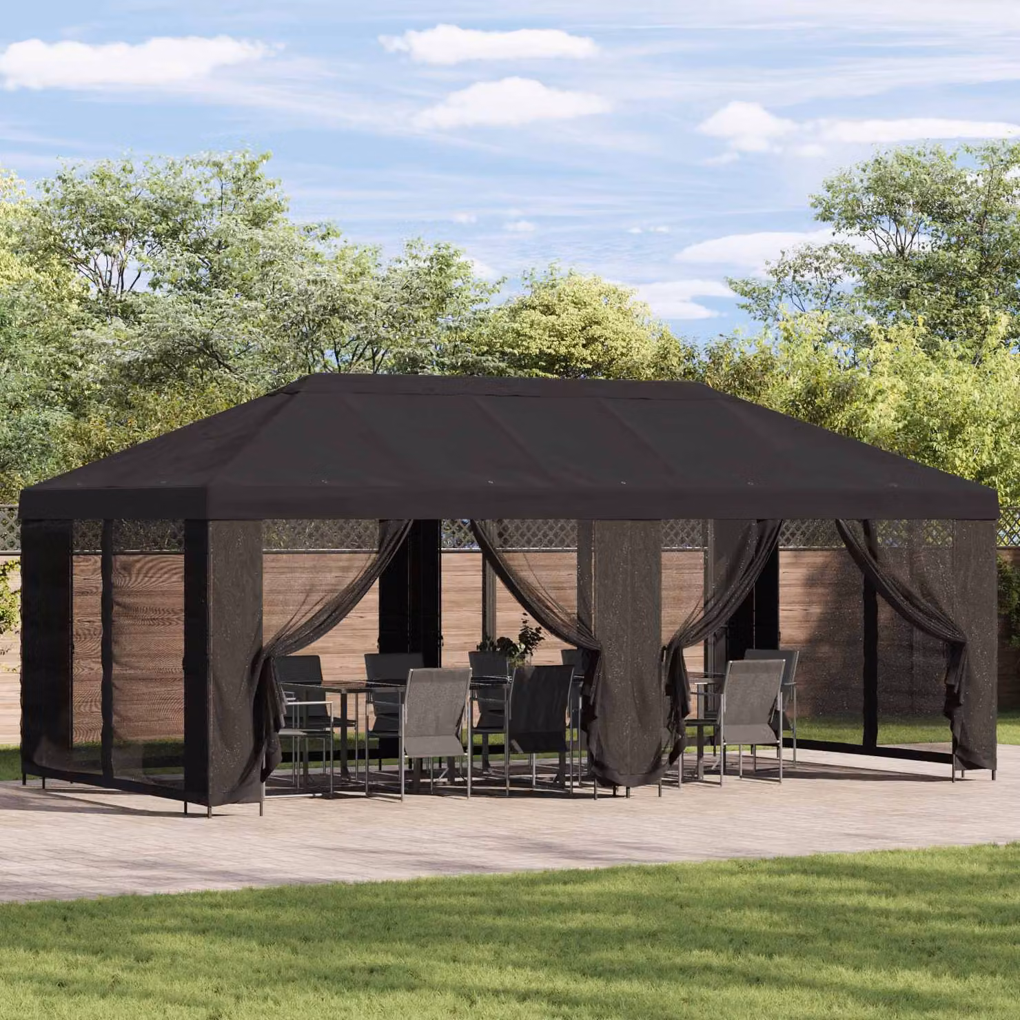 vidaXL Gazebo da giardino con pareti laterali in poliestere e struttura in acciaio zincato, Antracite, L: 600 cm, P: 300 cm, H: 276,5 cm