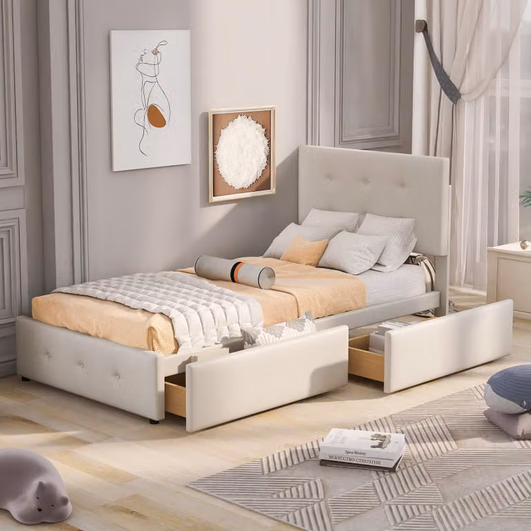Letto imbottito 90 x 200 cm con rete a doghe, spazio contenitore, schienale imbottito e tessuto in velluto delicato sulla pelle, color beige
