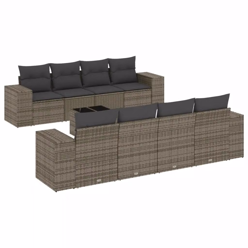 vidaXL Set Divano da Giardino 9 pz in Polyrattan Grigio con Cuscini e Tavolino da Caffè – 2