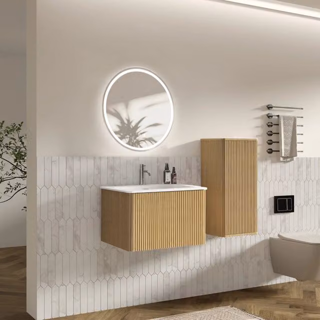 Set mobile bagno sospeso con lavabo, specchio LED e colonna laterale color rovere