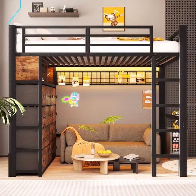 Letto a soppalco 140x200 in metallo nero con 8 cassetti; LED a 7 colori e scala fissa