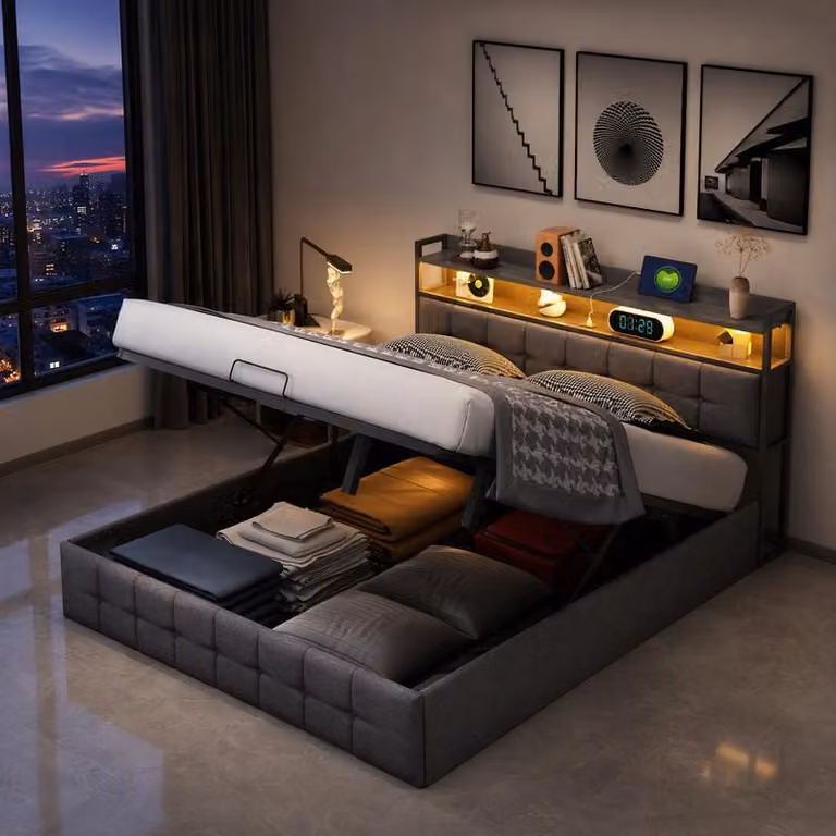 Letto imbottito UnboxG, dimensioni 160x200 cm, con spazio contenitore, sistema di sollevamento, illuminazione LED, testiera contenitore con porta USB, rivestito in tessuto effetto lino, struttura del letto