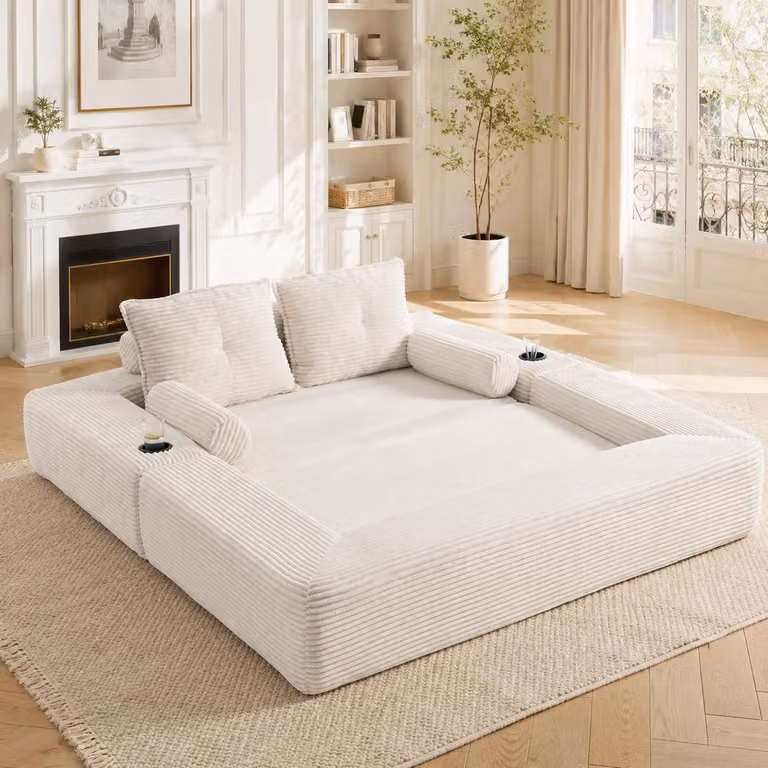 Poltrona relax MODFU con cuscino per lo schienale, tasche laterali e portabevande, divano a 2 posti in velluto, divano modulare con braccioli rimovibili, trasformabile in letto, beige