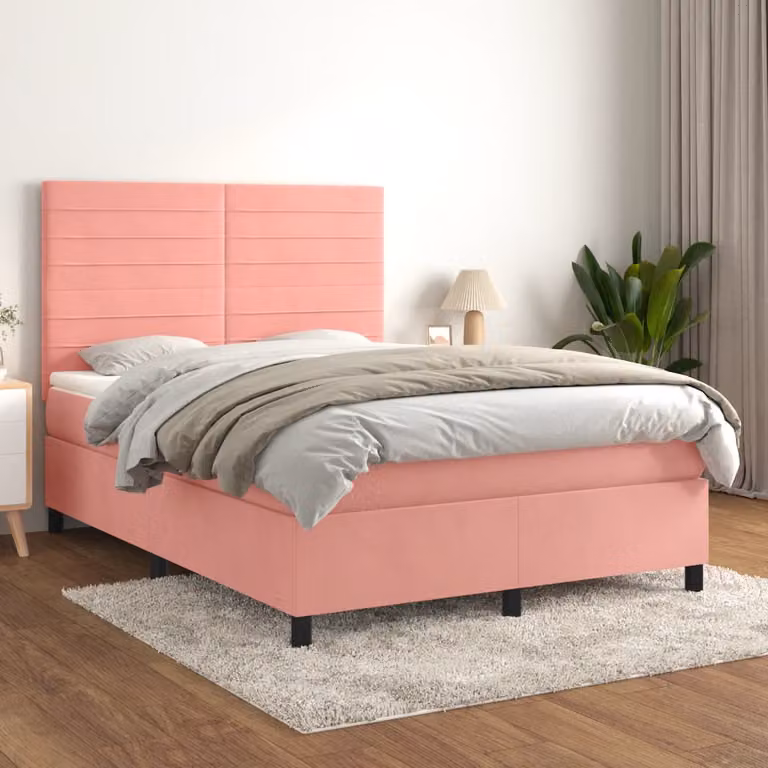 vidaXL Letto Ibrido con Giroletto a Molle e Materasso in Velluto Rosa e Bianco, L/P/H: 140 x 200 cm