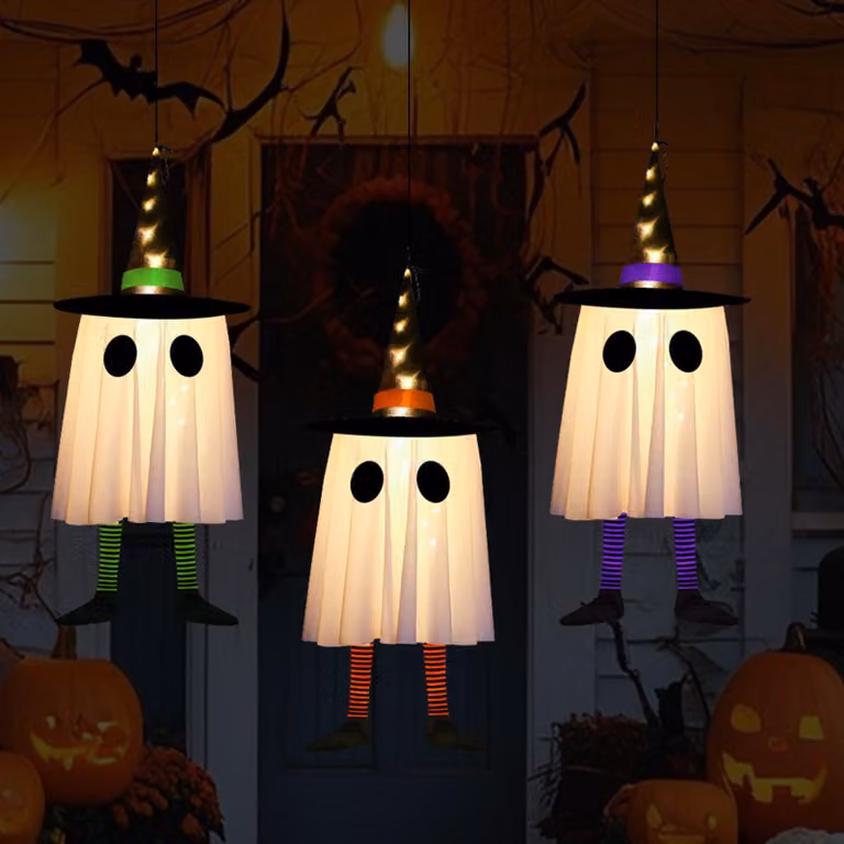 Set di 3 fantasmi di Halloween con cappello da strega e illuminazione a LED