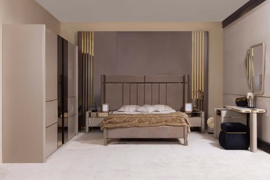 Elegante set camera da letto (letto + 2 comodini + armadio + cassettiera con specchio)