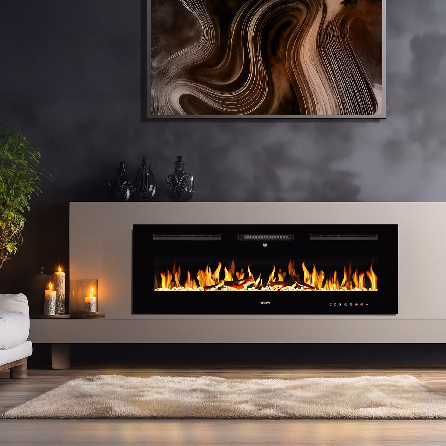 Caminetto elettrico da parete tectake nero con effetto fiamma, controllo tramite app e 2 livelli di riscaldamento - L: 127,00 cm, H: 12,00 cm, P: 43,00 cm – 3