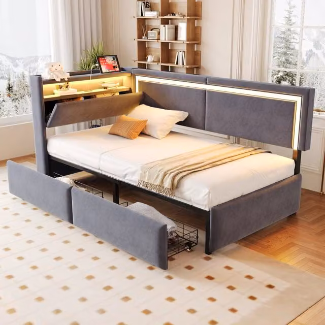 Letto divano singolo 90 × 200 cm con LED regolabile, USB, vano testiera e cassetti, senza materasso, in velluto