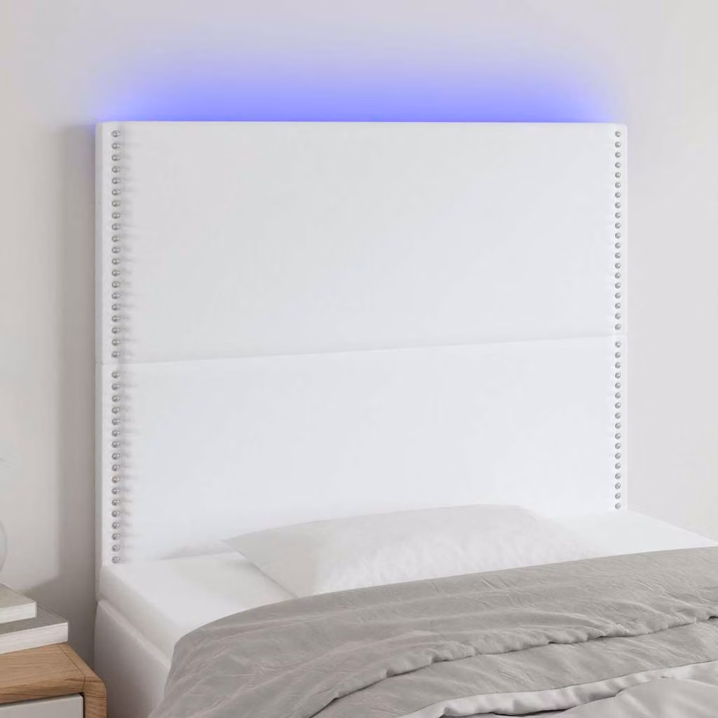 Testiera per letto con illuminazione LED e porta di ricarica USB vidaXL in similpelle bianca, L/P/H: 100 x 5 x 118/128 cm