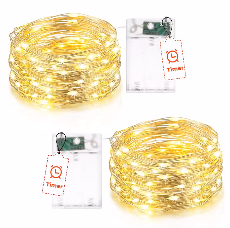 Catena luminosa a LED, 5 metri, 50 LED, luce bianco caldo, con timer, confezione da 2 pezzi