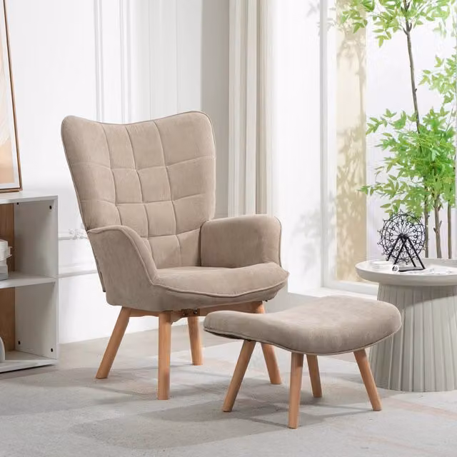 Poltrona Relax con Pouf REDOM in tessuto beige e marrone con struttura in legno di faggio, L 72 cm x P 80 cm x H 101 cm
