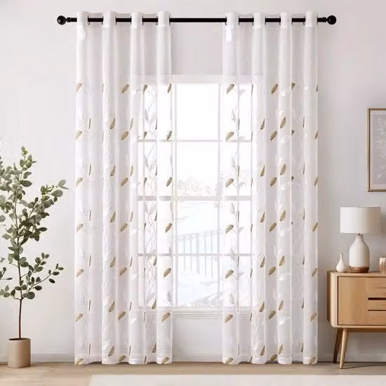 Voile per tenda con occhielli e foglie trasparenti a motivi - Set da 2 - H 160 x B 140 cm - Beige
