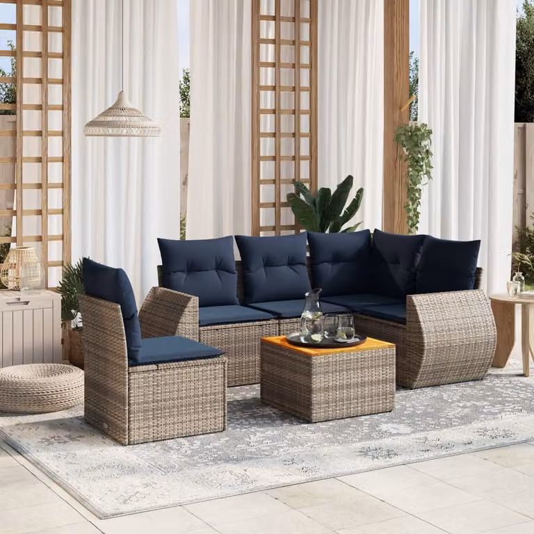 Set di divani da giardino vidaXL in 6 pezzi con tavolino e cuscini in polyrattan grigio e blu con struttura in metallo e legno di acacia