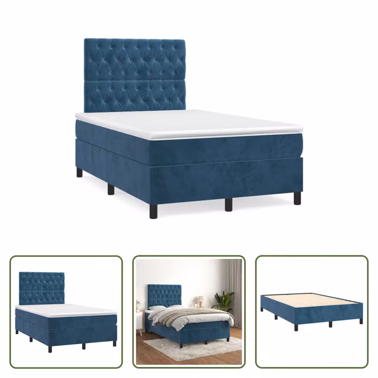 The Living Store Letto a molle con materasso blu scuro 120x190 cm in velluto