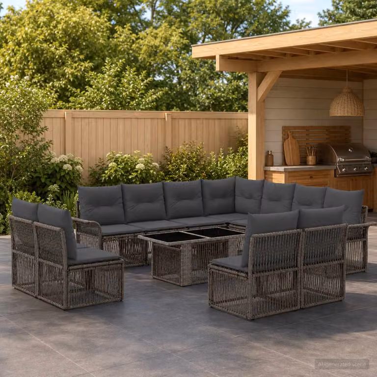 Set Divano da Giardino vidaXL 12 Pezzi a Forma di U in Polyrattan Grigio e Antracite con Tavolino e Cuscini