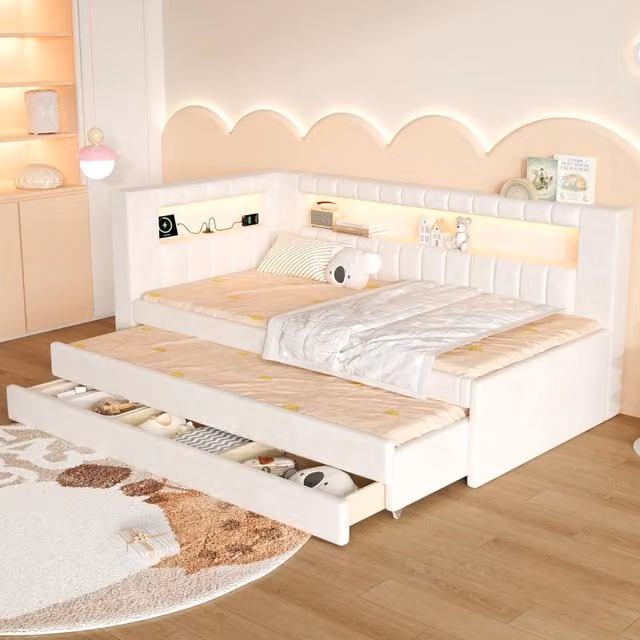 Letto da giorno imbottito bianco con LED, porta USB, letto estraibile e tre cassetti L/P/H: 208.5 x 90 x 102.5 cm