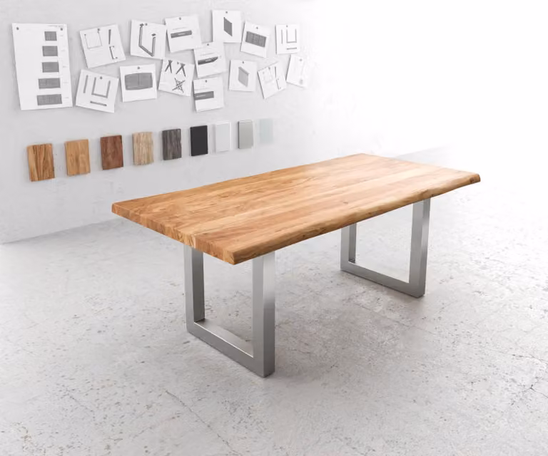 Tavolo da pranzo DELIFE Edge, dimensioni 200x100 cm, XL, in legno di acacia naturale con bordo vivo e gambe in acciaio inossidabile