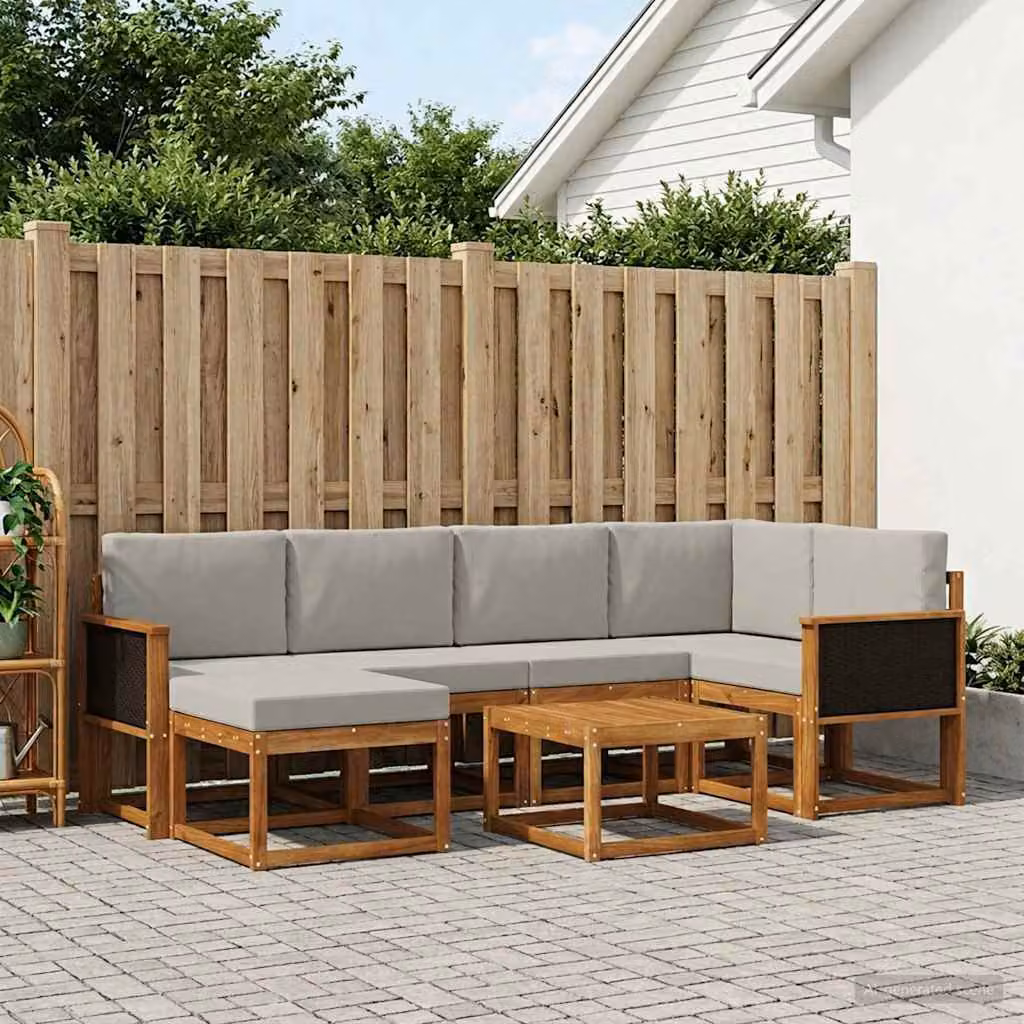 Set di divani da esterno vidaXL 7 pz in legno di acacia con cuscini, composizione a L con tavolino e pouf, colori beige, grigio e marrone